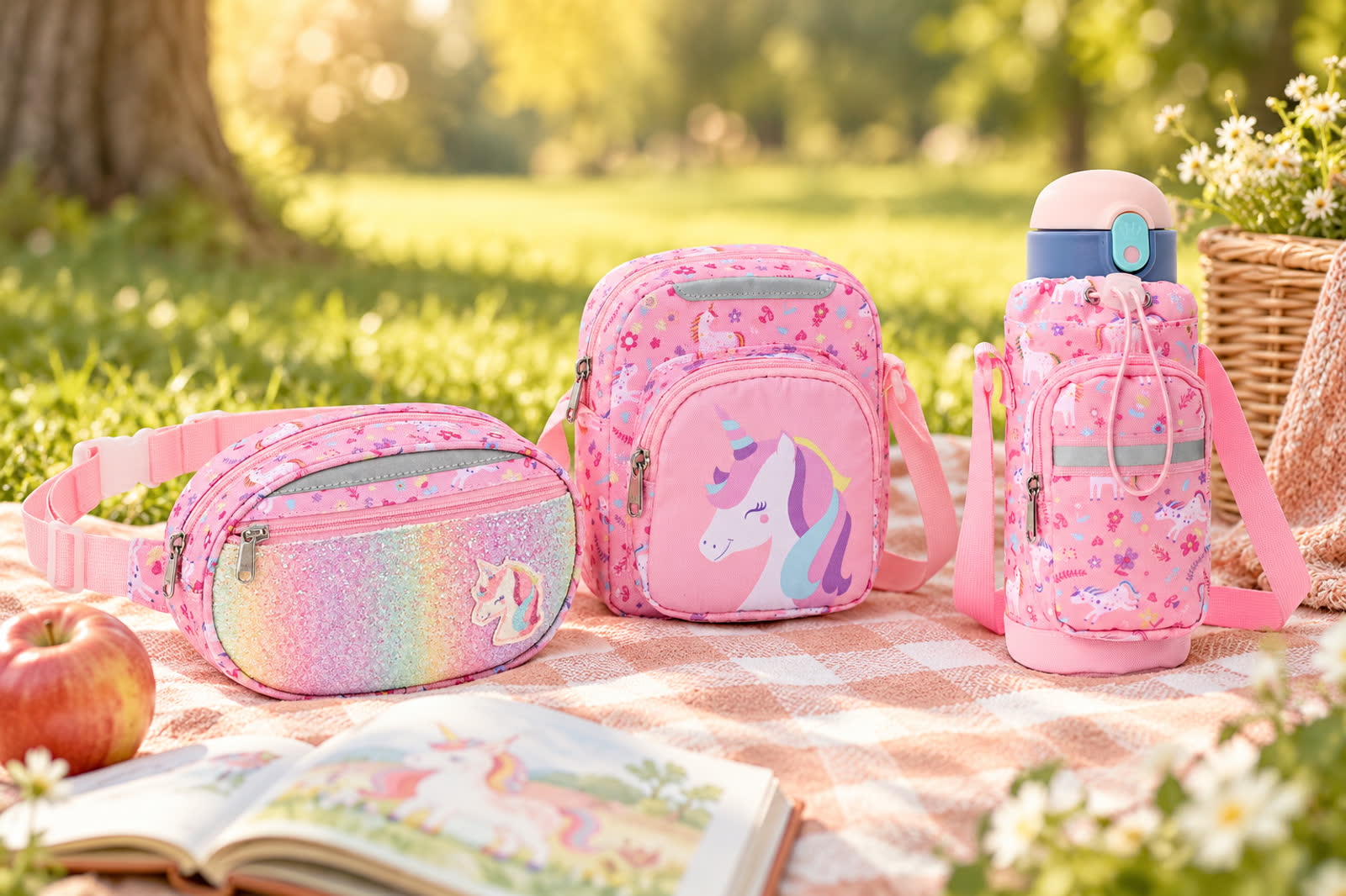 Park-day scene with a belt bag, crossbody purse, and bottle carrier.