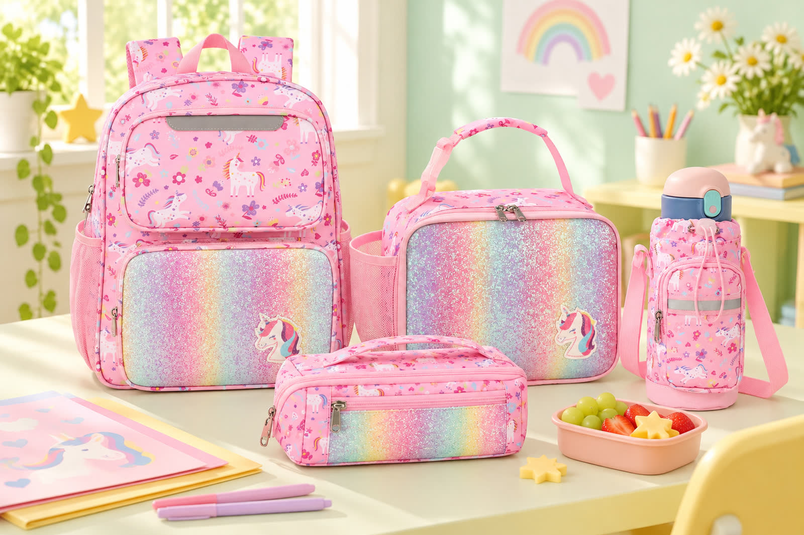 School-day scene with a backpack, lunch bag, pencil case, and bottle carrier.