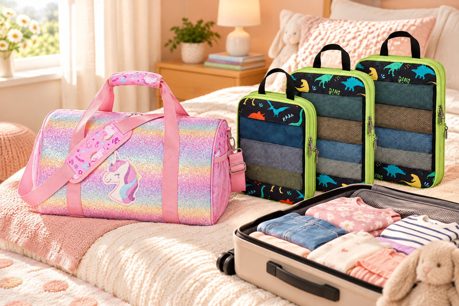 Short-trip scene with a duffle bag and packing cubes.