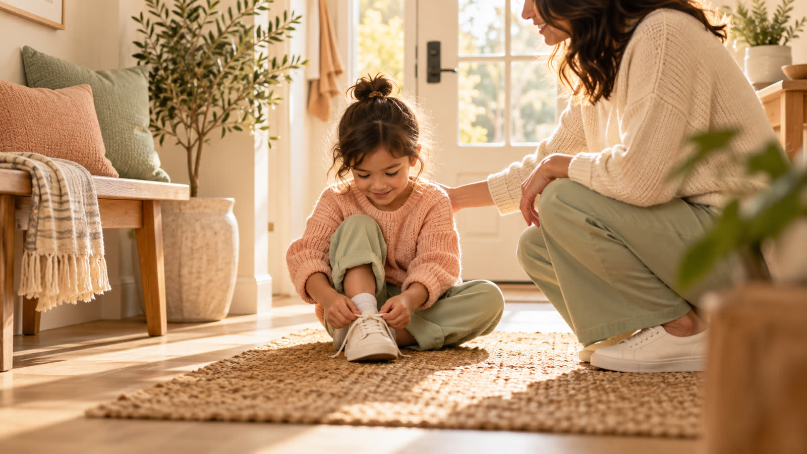 Warm family scene about a child learning a small independence ritual.